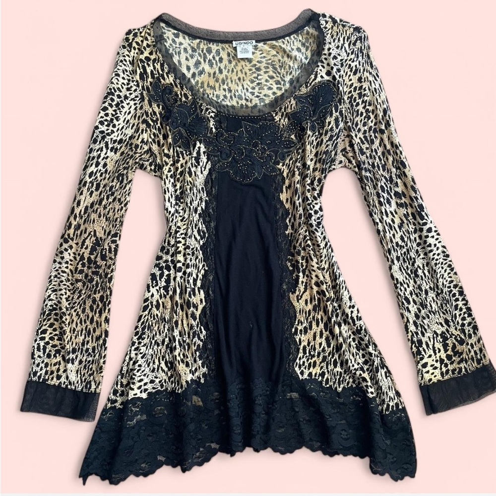 Leopard Print and Lace Long Sleeve Mini Dress